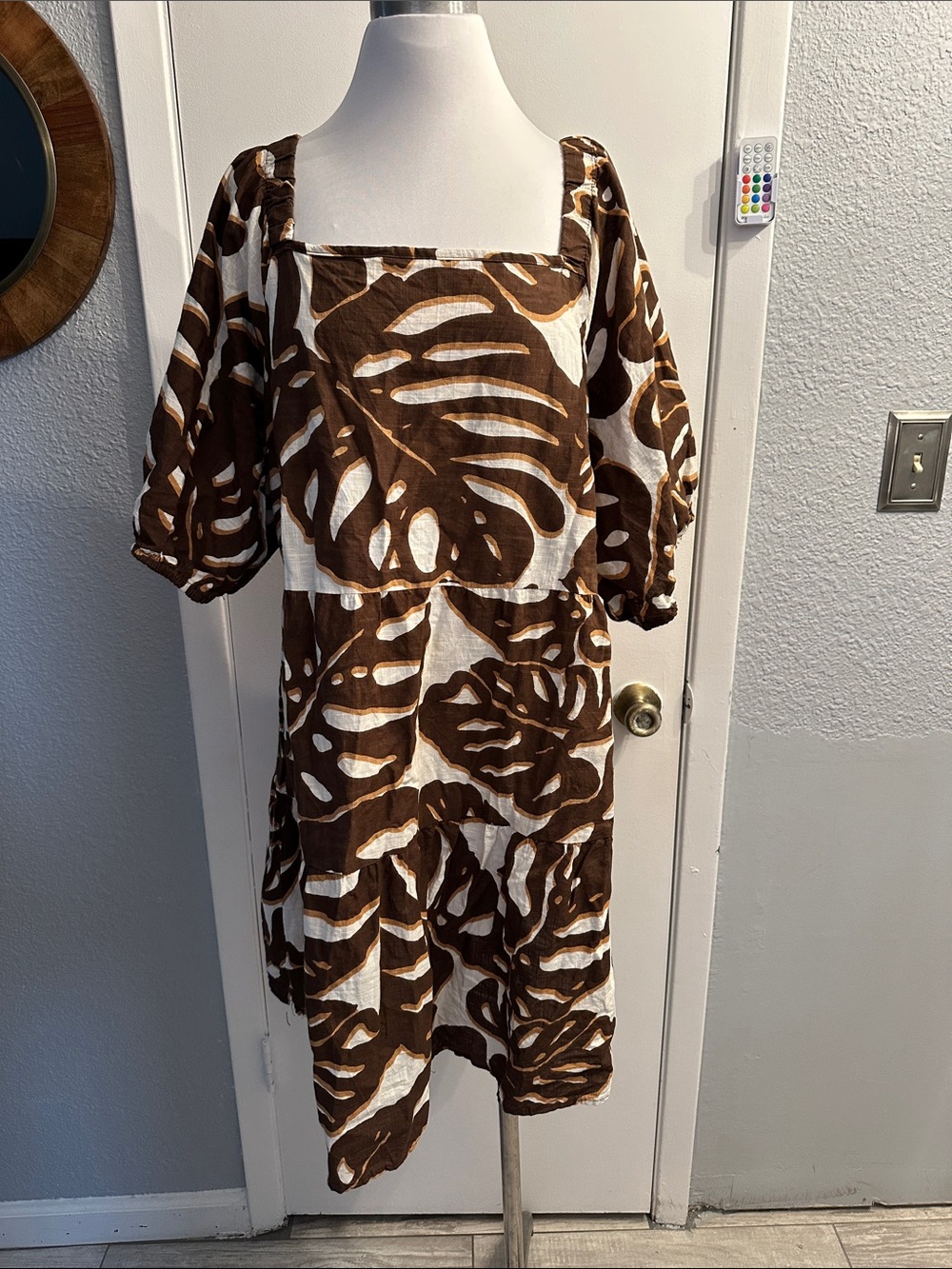 Mlle Gabrielle Brown and White Tropical Print Dress
